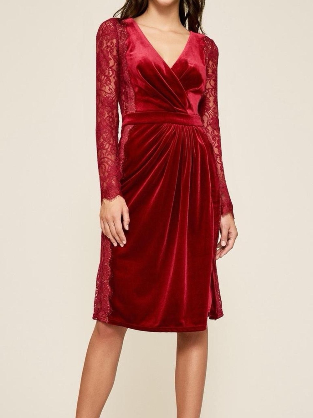 Tadashi Shoji Red Velvet Lace-Trim Long Sleeve Wrap Dress Size 12
